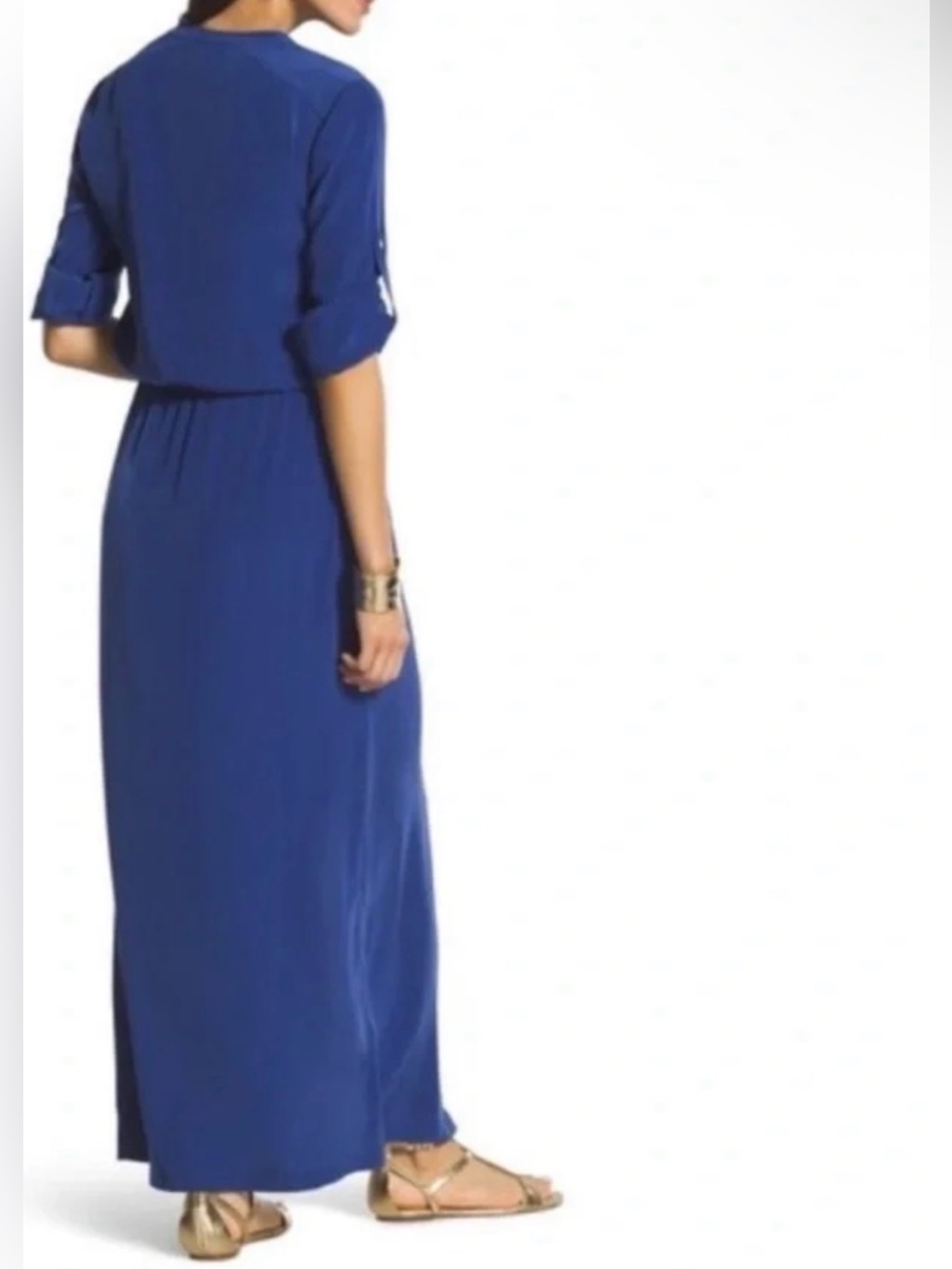 Chico’s Black Label Blue Satin Maxi Dress M Long Sleeve Drawstring Button Front - Picture 2 of 11